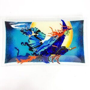 Peggy Karr Witch Broom Halloween Rectangular Tray Fused Glass Moon Broom Cat